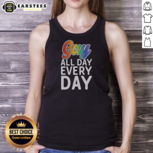 Original Gay All Day Every Day tank top in white with bold rainbow text, sleeveless casual wear