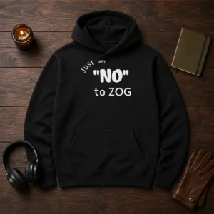 Top Randy Weaver Just Say No To Zog Hoodie in black, front view with kangaroo pocket and drawstring hood