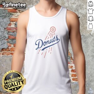 Pretty Donuts MLB Style Logo tank top in white featuring colorful donut-themed baseball logo
