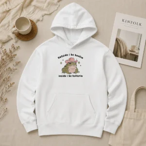 Top Cowboy Frog Outside I Be Hootin Inside I Be Hollerin Hoodie featuring a comfortable pullover design with front kangaroo pocket