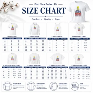 Size chart for Funny Tweety Bird Just Once I'D Like To Read A Medication Label Warning with measurements in inches and cm