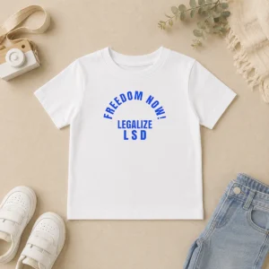Awesome Freedom Now Legalize LSD Slogan Political Kids T Shirt in bright colors, short sleeve cotton tee for children