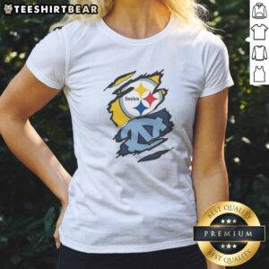Official Pittsburgh Steelers And UNC Tar Heels Ripped Metal Effect Logo Ladies Shirt featuring a unique design.