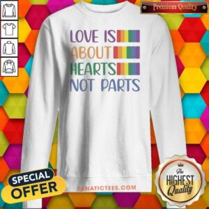 Hot Love Is About Hearts Not Parts Pride Month sweatshirt optimized, showcasing vibrant colors and a bold message.