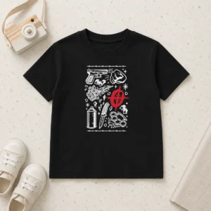 Premium Street Life Tattoo Symbols Flash Art Kids T Shirt featuring colorful tattoo-inspired graphics on a comfortable kids cotton tee