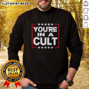 Top You're In A Cult satirical political statement sweatshirt featuring bold text and a trendy design for activists.