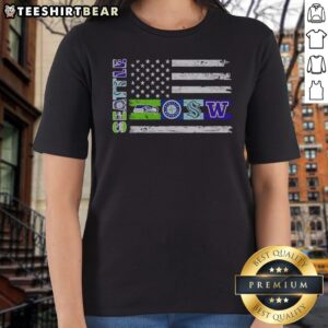 Top Seattle Sport Teams Seahawks Mariners Kraken Washington Huskies USA Independence Day Flag Ladies Shirt