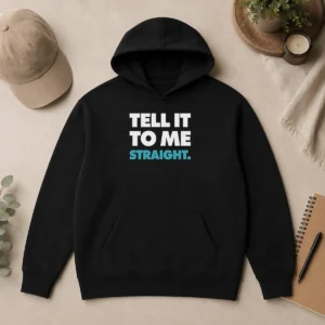 Pretty Hot World Of Wonder Stop That Train Tell It To Me Straight Gay Hoodie in black, front view with graphic text design