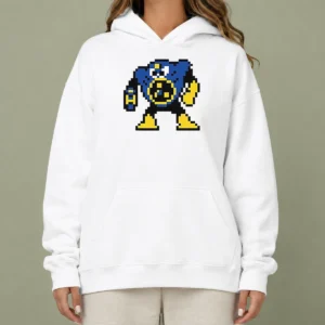 Nice Blue Robot Pixel Art Mega Man Style Hoodie in blue with front pocket and drawstring hood
