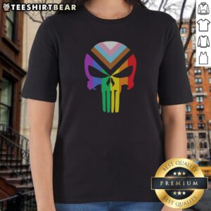 Awesome Punisher Marvel Skull Progressive Pride Ladies Shirt featuring a vibrant skull design