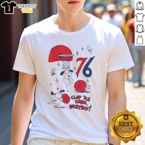 Alt Text: Pretty Snoopy X Philadelphia 76ers Clap Your Hands Everybody T-Shirt featuring a fun design for basketball fans.
