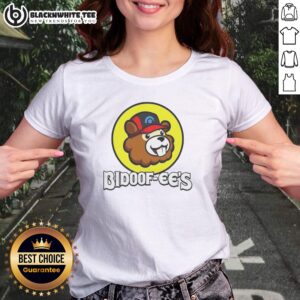 Top Bidoof Ees Bidoof Buc Ees Logo Ladies Shirt in white, featuring a bold graphic print on a comfortable fitted tee