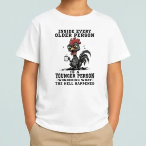 Hot Pretty Inside Every Older Person Is A Younger Person Wondering What The Hell Happened kids t shirt in bright colors, front view