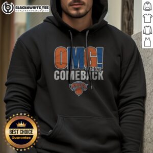 Funny New York Knicks OMG! Comeback Hoodie in navy blue with bold white and orange text design
