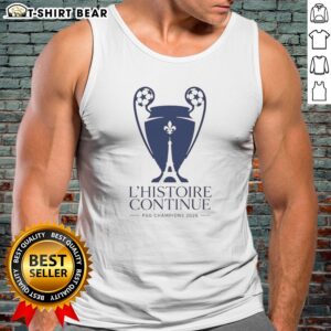 Pretty Paris Saint Germain L'Histoire Continue League UCL 2026 Trophy Tank Top featuring vibrant team colors and logo.