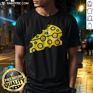 Funny Swiss Cheese Hole Yellow Food Slice Dairy Snack Symbol Pattern Culinary Art Shirt displayed on a white background.