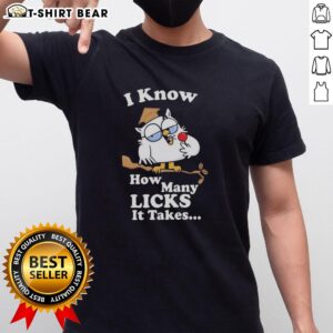 Top White Owl 'I Know How Many Licks It Takes' T-Shirt design featuring a whimsical owl graphic in vibrant colors.