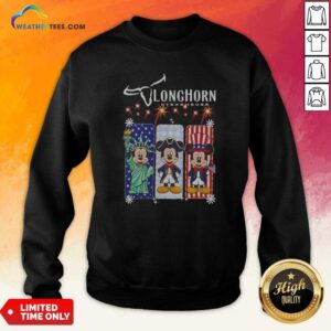 Hot Longhorn Steakhouse Mickey Mouse Patriotic USA Characters sweatshirt optimized for clear display of vibrant patriotic design