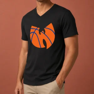 Original Wu Tang Clan X New York Knicks Logo V Neck Shirt in black with bold graphic print