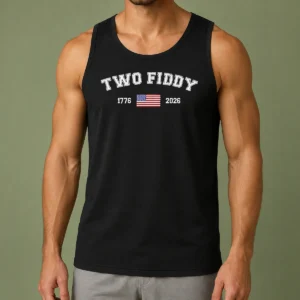 Pretty Two Fiddy 1776 2026 USA Flag Tank Top in white, sleeveless casual wear with patriotic print