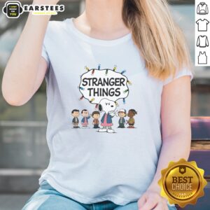 Nice Snoopy Eleven Peanuts Stranger Things Characters And Lights ladies shirt featuring iconic characters.