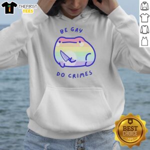 Funny LGBTQ Pride Frog Holding Knife Be Gay Do Crimes Hoodie featuring a vibrant design