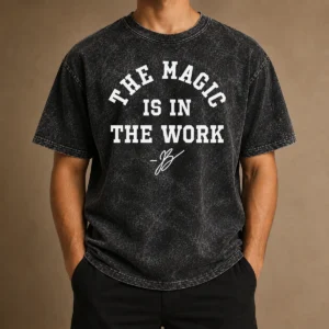 Funny Ben Stiller Jalen Brunson The Magic Is In The Work Signature printed on a soft washed t shirt in light gray