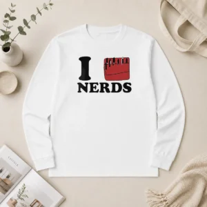 Premium I Love Nerds Pocket Protector long sleeve shirt in white with front pocket design and bold text