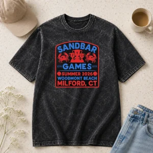 Top Sandbar Games Summer 2026 Woodmont Beach Milford CT Crab Trophy printed on a soft washed t shirt