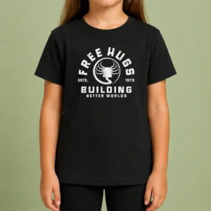 Hot Free Hugs Alien Facehugger Building Better Worlds 1979 Kids T Shirt featuring a playful sci-fi graphic on a comfortable short sleeve tee