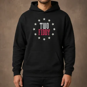 Premium Two Fiddy Stars Hoodie in dark grey with front pocket and adjustable hood, displayed on a flat-lay background