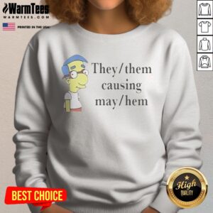 Good Veda Scott They Them Causing Mayhem sweatshirt displayed on a hanger with vibrant colors