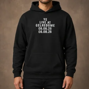 Top Kanye West Ye Live At Gelredome 06 06 26 06 08 26 Hoodie in black, front view with drawstring hood and kangaroo pocket