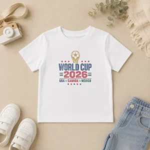 Official Vintage 2026 World Cup USA Canada Mexico Soccer Kids T Shirt in white with colorful event logo