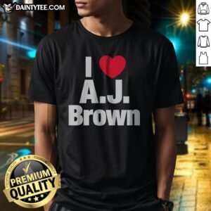 Awesome I Heart AJ Brown Philadelphia Eagles NFL Football Player Fan Sport Premium Shirt displayed in a vibrant setting.