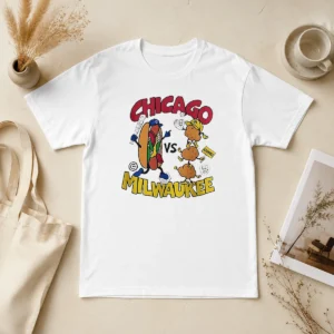 Pretty Chicago Cubs Vs Milwaukee Brewers Baseball Hot Dog Cheese Curds t shirt in classic fit, white color, front view