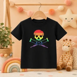 Premium Rainbow Skull And Crutches Pride Symbol Disability Awareness Kids T Shirt in vibrant colors, displayed on a child-sized garment