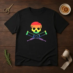 Original Rainbow Skull And Crutches Pride Symbol Disability Awareness t shirt in black, short sleeve cotton tee
