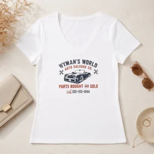 Funny Wymans World Auto Salvage Co V Neck Shirt in dark gray, featuring a humorous vintage auto salvage graphic