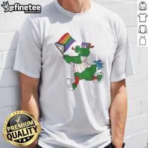 Awesome Philadelphia Phillies Pride Mascot Running With Progress Flag t shirt featuring vibrant colors and a dynamic design.