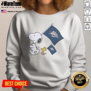 Nice Snoopy And Woodstock Holding Oklahoma City Thunder Flags To Cheer sweatshirt mockup featuring vibrant colors and playful graphics.