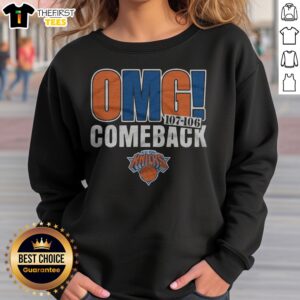 Nice New York Knicks OMG! Comeback Sweatshirt in navy blue with bold Knicks logo and comeback text
