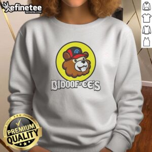 Funny Bidoof Ees Bidoof Buc Ees Logo sweatshirt in light gray, featuring a playful graphic on the chest