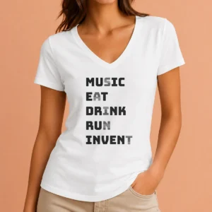 Top Music Eat Drink Run Invent V-Neck Shirt