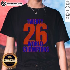 Official New York Yankees Twenty 26 World Champions Ladies Shirt featuring team logo and championship details