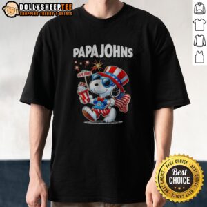 Funny Snoopy X Pizza Papa Johns Fourth Of July American 250 Years 1776 2026 Fireworks Shirt displayed on a hanger