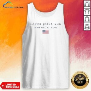 Official Loves Jesus And America Too American Flag Design Graphic Cotton tank top optimized for showcasing vibrant colors