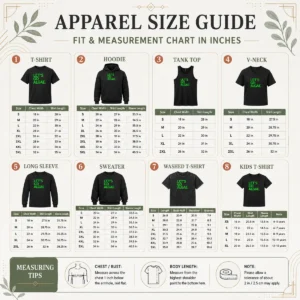Size chart for Funny Let'S Go Algae tee with measurements in inches and cm