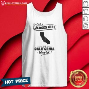 Official Just A Jersey Girl In A California World Map Shape tank top optimized, white sleeveless casual wear with graphic print