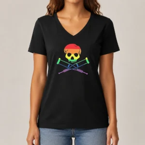 Good Rainbow Skull And Crutches Pride Symbol Disability Awareness V Neck Shirt showing colorful design on a fitted V neck garment